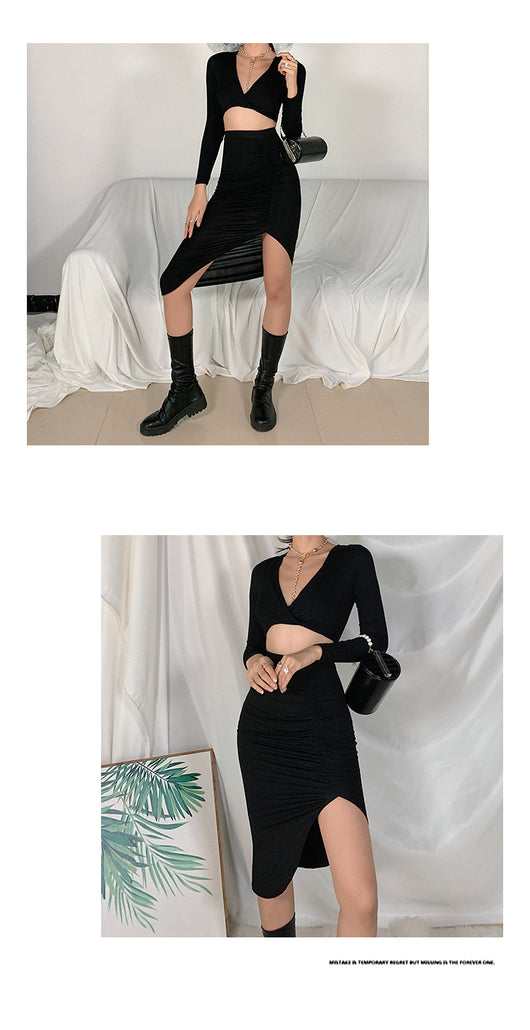 Conjunto Elegante: Blusa V-Escote Manga Larga + Falda Larga Ajustada - Image 9