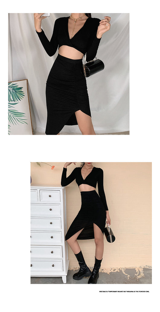 Conjunto Elegante: Blusa V-Escote Manga Larga + Falda Larga Ajustada - Image 10