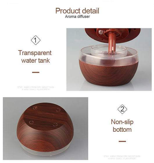 Dark wood grain LED essential oil diffuser with a blue light band and touch switch, shown with a hand operating it. Includes a bundle of 10 white filter sticks. - Image 20