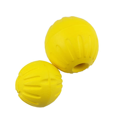 Bright yellow EVA pet ball dog toy with textured grooves and paw print details for interactive play. - Image 28