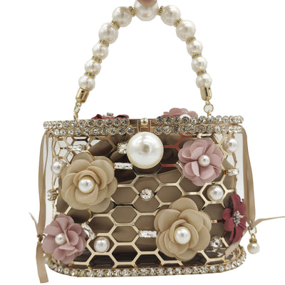 Bolso Tipo Saco con Perlas y Diamantes en Diseño Floral - Image 6
