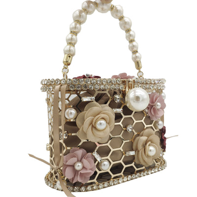 Bolso Tipo Saco con Perlas y Diamantes en Diseño Floral - Image 7