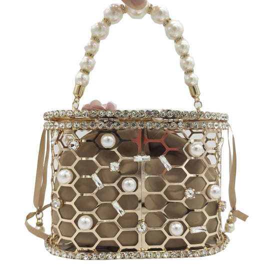 Bolso Tipo Saco con Perlas y Diamantes en Diseño Floral - Image 9