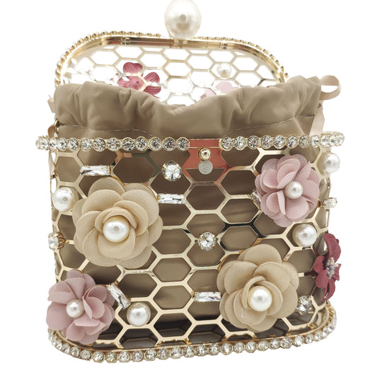 Bolso Tipo Saco con Perlas y Diamantes en Diseño Floral - Image 11