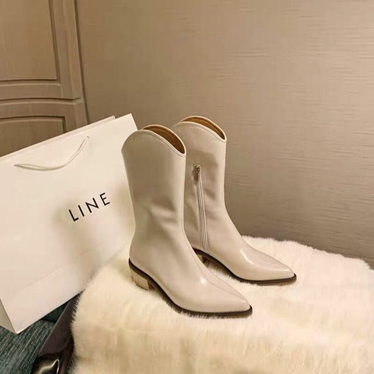 Botas Retro de Tacón Grueso con Punta Afilada - Estilo Vintage Blanco - Image 10