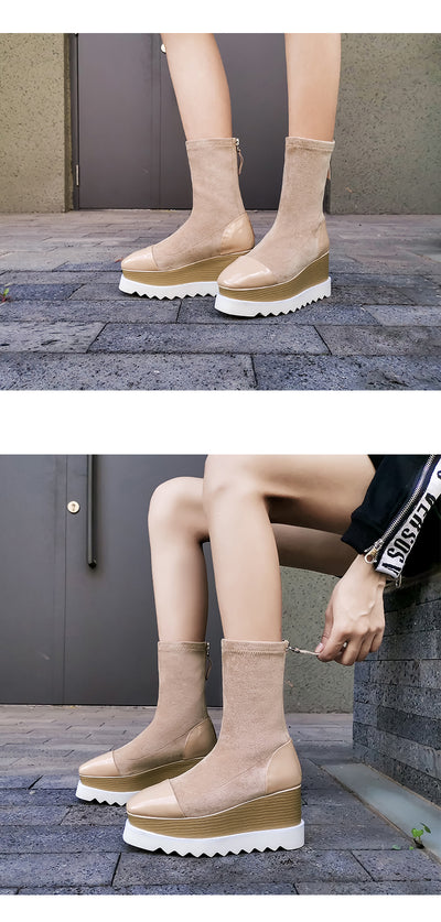 Botas Martin de Cuero con Plataforma Gruesa y Stretch - Botines Wedge Versátiles para Mujer - Image 9