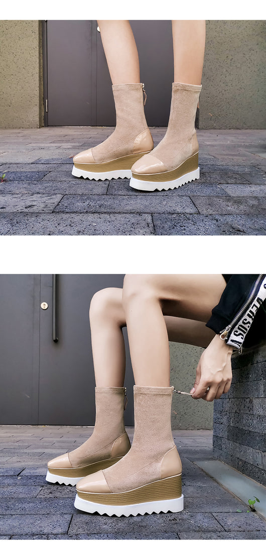Botas Martin de Cuero con Plataforma Gruesa y Stretch - Botines Wedge Versátiles para Mujer - Image 9