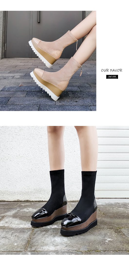 Botas Martin de Cuero con Plataforma Gruesa y Stretch - Botines Wedge Versátiles para Mujer - Image 10