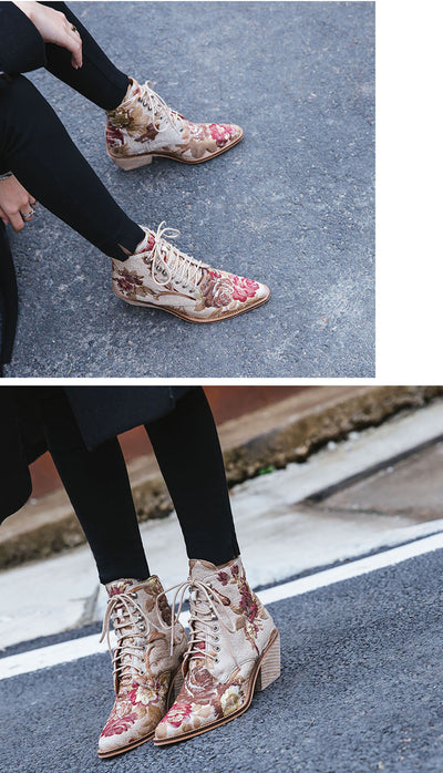 Botas Cortas Étnicas Bordadas con Tacón Grueso y Cordón Frontal - Image 16