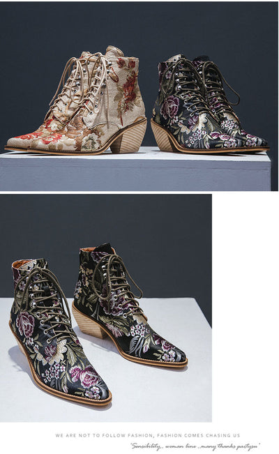 Botas Cortas Étnicas Bordadas con Tacón Grueso y Cordón Frontal - Image 23