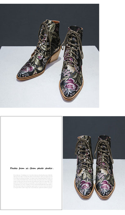 Botas Cortas Étnicas Bordadas con Tacón Grueso y Cordón Frontal - Image 24