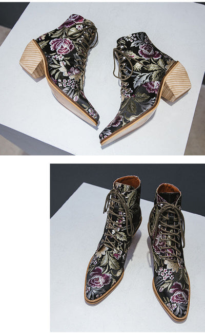 Botas Cortas Étnicas Bordadas con Tacón Grueso y Cordón Frontal - Image 25