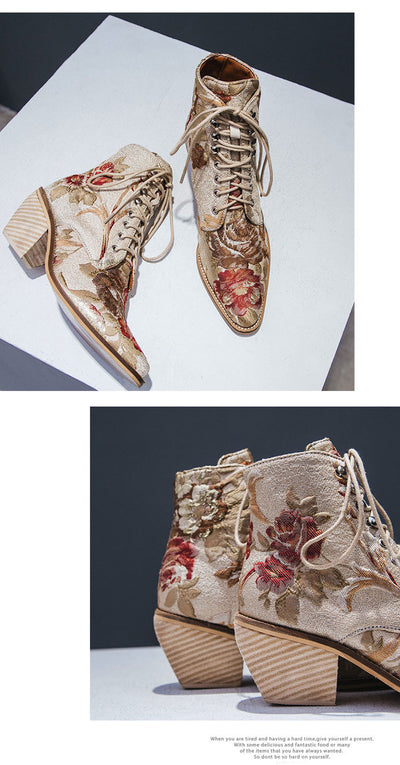 Botas Cortas Étnicas Bordadas con Tacón Grueso y Cordón Frontal - Image 27