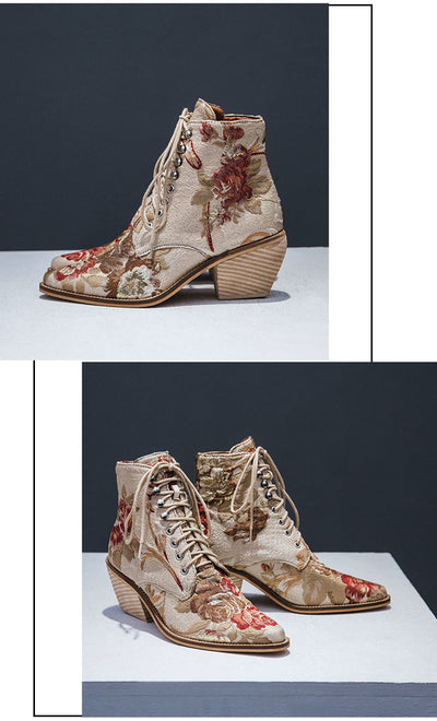 Botas Cortas Étnicas Bordadas con Tacón Grueso y Cordón Frontal - Image 29
