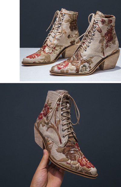 Botas Cortas Étnicas Bordadas con Tacón Grueso y Cordón Frontal - Image 30