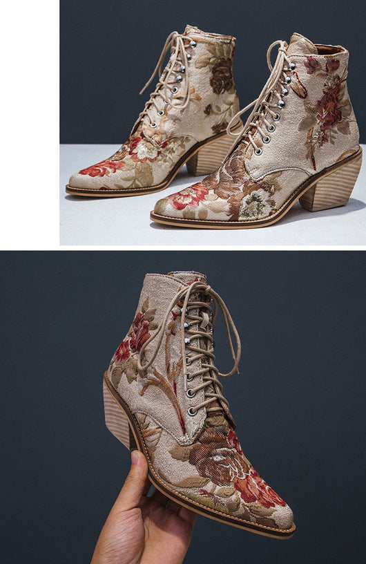 Botas Cortas Étnicas Bordadas con Tacón Grueso y Cordón Frontal - Image 30