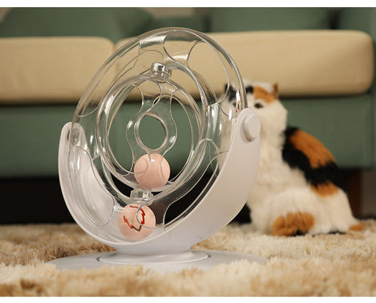 Clear plastic cat turntable toy with two pink balls inside, designed for interactive play and entertainment. - Image 12
