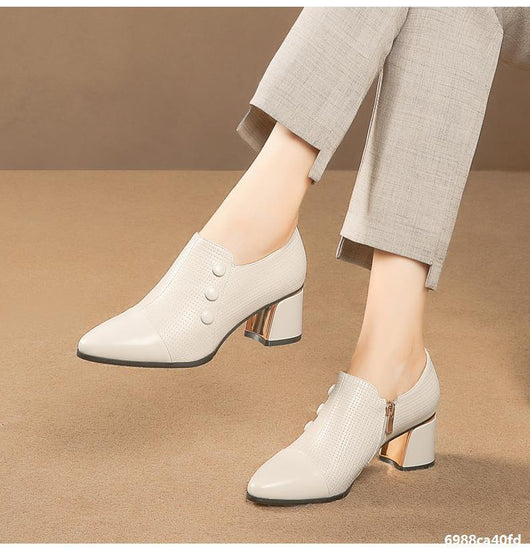Zapatos de Tacón Grueso Punta Fina Talla Grande Mujer - Blanco Crema - Image 8