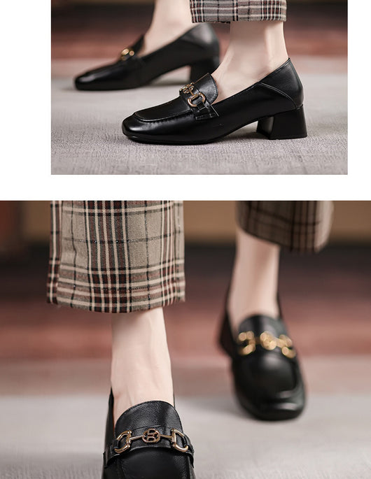 Mocasín Horsebit Cuero Mujer Tacón Medio Punta Cuadrada - Image 11