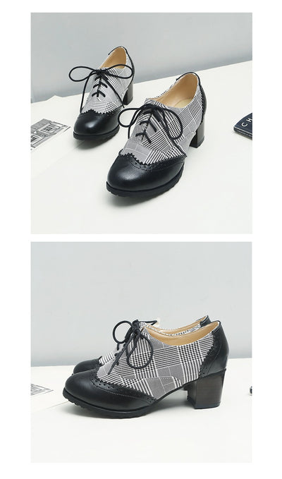 Zapatos Casuales Retro Cuadros Ingleses con Encaje y Suela Gruesa para Mujer - Image 7