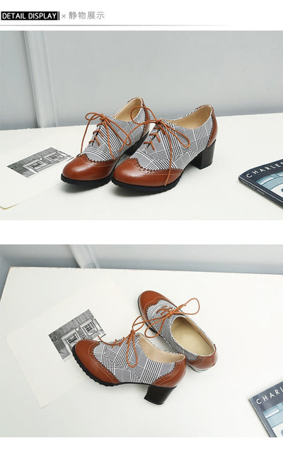 Zapatos Casuales Retro Cuadros Ingleses con Encaje y Suela Gruesa para Mujer - Image 8
