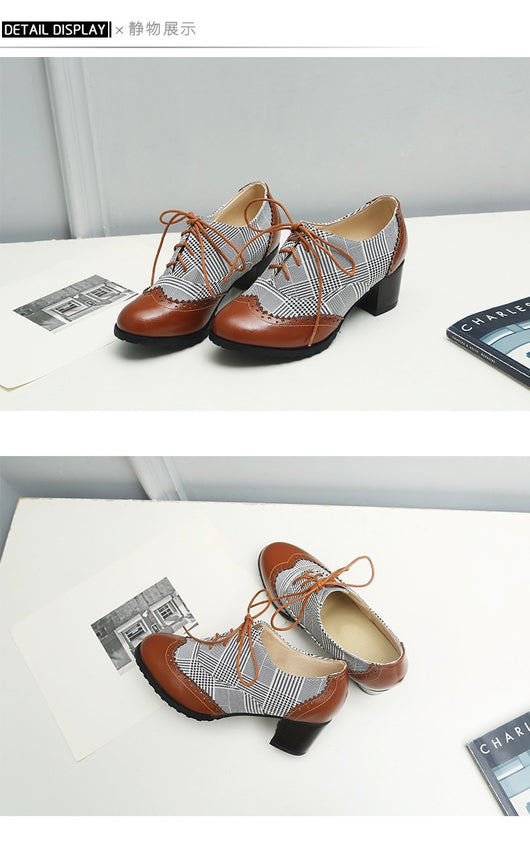 Zapatos Casuales Retro Cuadros Ingleses con Encaje y Suela Gruesa para Mujer - Image 8