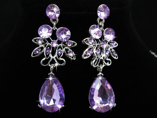 Purple crystal necklace and earring set with butterfly and floral designs, featuring large teardrop pendants. - Image 26