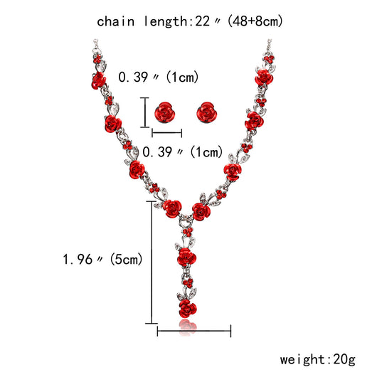 Red rose alloy necklace and stud earrings set with silver-tone chain and clear accents, displayed on a black bust. - Image 4