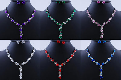 Red rose alloy necklace and stud earrings set with silver-tone chain and clear accents, displayed on a black bust. - Image 5