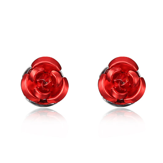 Red rose alloy necklace and stud earrings set with silver-tone chain and clear accents, displayed on a black bust. - Image 7