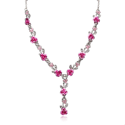 Red rose alloy necklace and stud earrings set with silver-tone chain and clear accents, displayed on a black bust. - Image 11