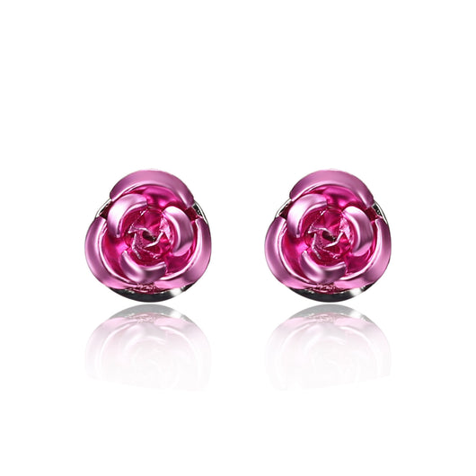 Red rose alloy necklace and stud earrings set with silver-tone chain and clear accents, displayed on a black bust. - Image 12