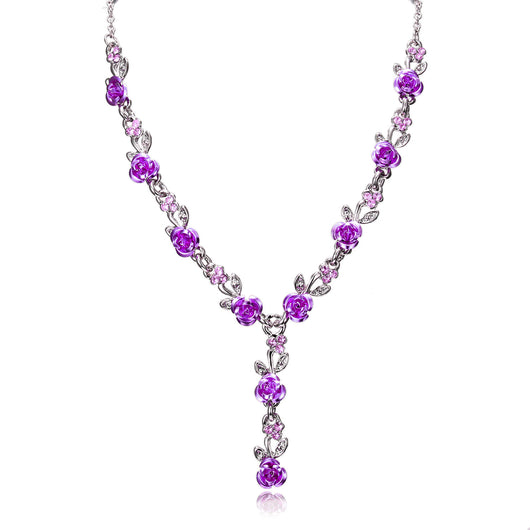 Red rose alloy necklace and stud earrings set with silver-tone chain and clear accents, displayed on a black bust. - Image 15