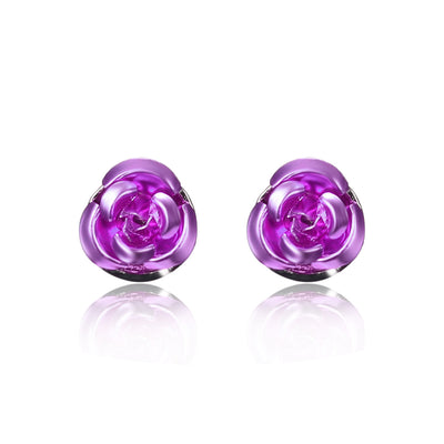 Red rose alloy necklace and stud earrings set with silver-tone chain and clear accents, displayed on a black bust. - Image 16