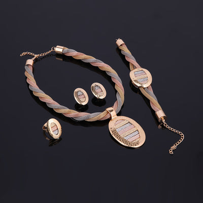 Four-piece jewelry set with tri-color braided necklace, earrings, bracelet, and ring. Each piece features an oval design with a Greek key border and striped gol - Image 6
