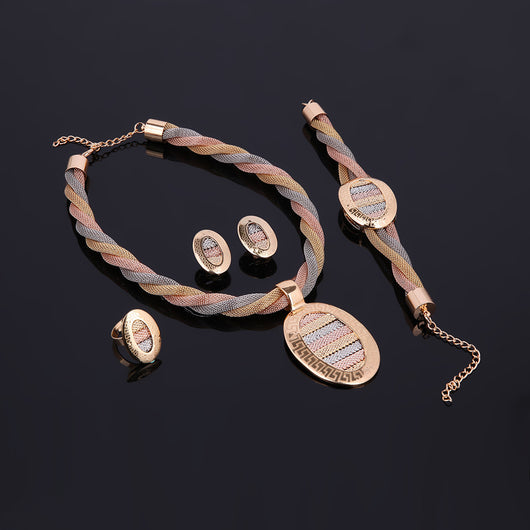 Four-piece jewelry set with tri-color braided necklace, earrings, bracelet, and ring. Each piece features an oval design with a Greek key border and striped gol - Image 6