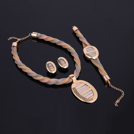 Four-piece jewelry set with tri-color braided necklace, earrings, bracelet, and ring. Each piece features an oval design with a Greek key border and striped gol - Image 7