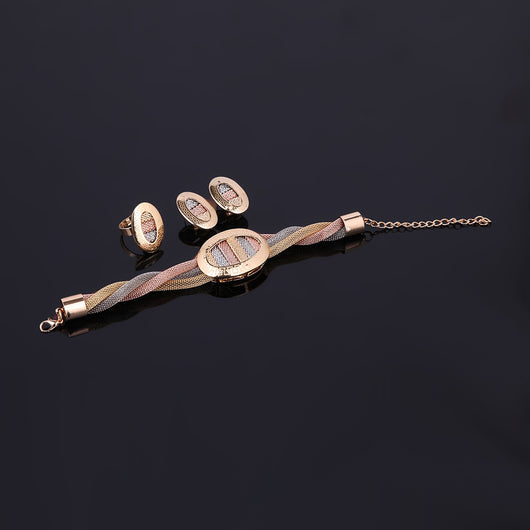 Four-piece jewelry set with tri-color braided necklace, earrings, bracelet, and ring. Each piece features an oval design with a Greek key border and striped gol - Image 9