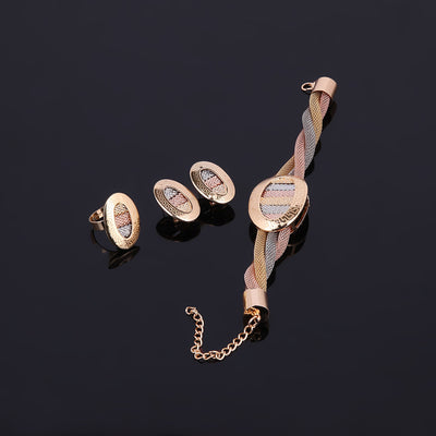 Four-piece jewelry set with tri-color braided necklace, earrings, bracelet, and ring. Each piece features an oval design with a Greek key border and striped gol - Image 10