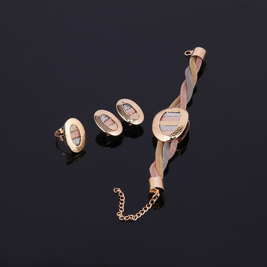 Four-piece jewelry set with tri-color braided necklace, earrings, bracelet, and ring. Each piece features an oval design with a Greek key border and striped gol - Image 10