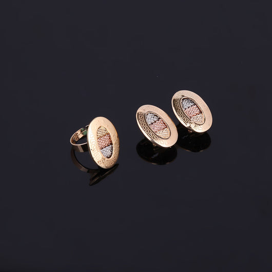 Four-piece jewelry set with tri-color braided necklace, earrings, bracelet, and ring. Each piece features an oval design with a Greek key border and striped gol - Image 11