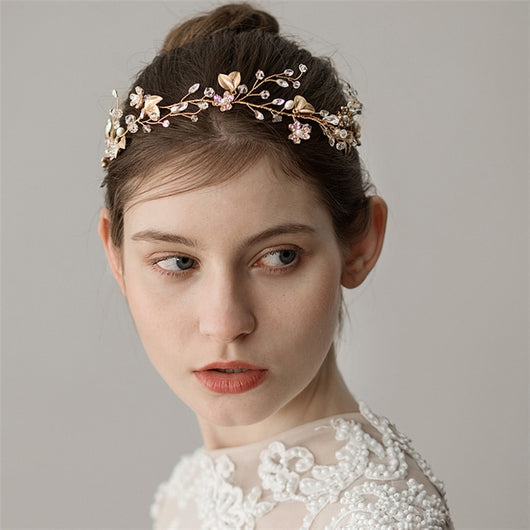 Diadema Nupcial Ramas de Cristal con Hojas Doradas - Diseño Elegante Natural - Image 8