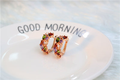 Shiny rose gold-tone necklace, earrings, and ring set with multi-colored teardrop and round zircon stones. Ring size 9. - Image 6