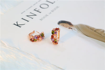 Shiny rose gold-tone necklace, earrings, and ring set with multi-colored teardrop and round zircon stones. Ring size 9. - Image 7