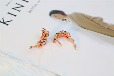Shiny rose gold-tone necklace, earrings, and ring set with multi-colored teardrop and round zircon stones. Ring size 9. - Image 8