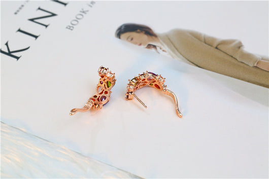 Shiny rose gold-tone necklace, earrings, and ring set with multi-colored teardrop and round zircon stones. Ring size 9. - Image 8