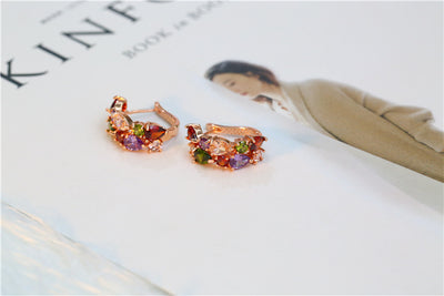 Shiny rose gold-tone necklace, earrings, and ring set with multi-colored teardrop and round zircon stones. Ring size 9. - Image 9