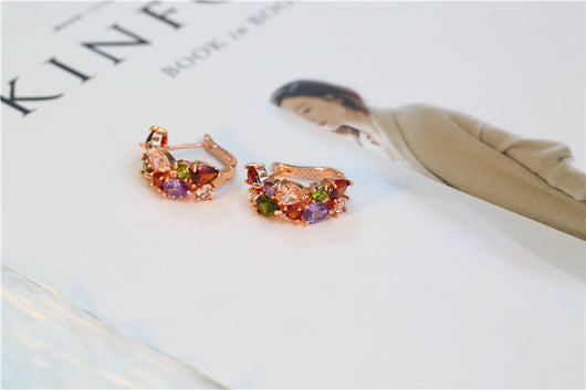 Shiny rose gold-tone necklace, earrings, and ring set with multi-colored teardrop and round zircon stones. Ring size 9. - Image 9