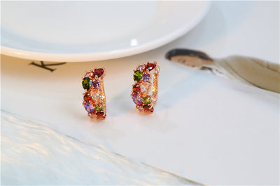 Shiny rose gold-tone necklace, earrings, and ring set with multi-colored teardrop and round zircon stones. Ring size 9. - Image 10