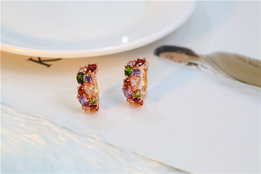 Shiny rose gold-tone necklace, earrings, and ring set with multi-colored teardrop and round zircon stones. Ring size 9. - Image 10